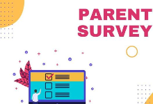 cartoon computer with check mark and parent survey in pink block lettering