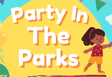 Yellow background with cartoon girl that says party in the parks