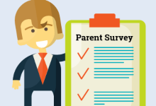 cartoon man in suit holding a clipboard that says parent survey